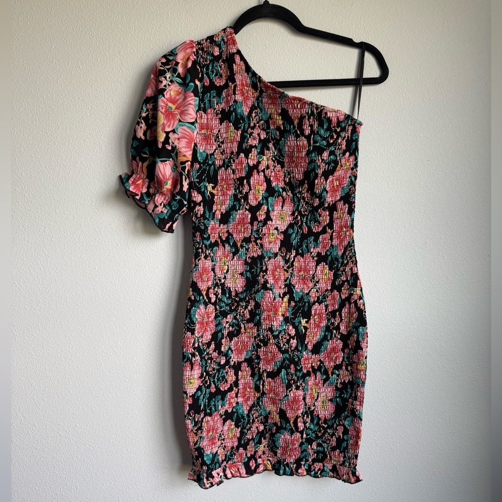 Floral One Shoulder Smocked Stretchy Bodycon Puff Sleeve Mini Dress Size Small